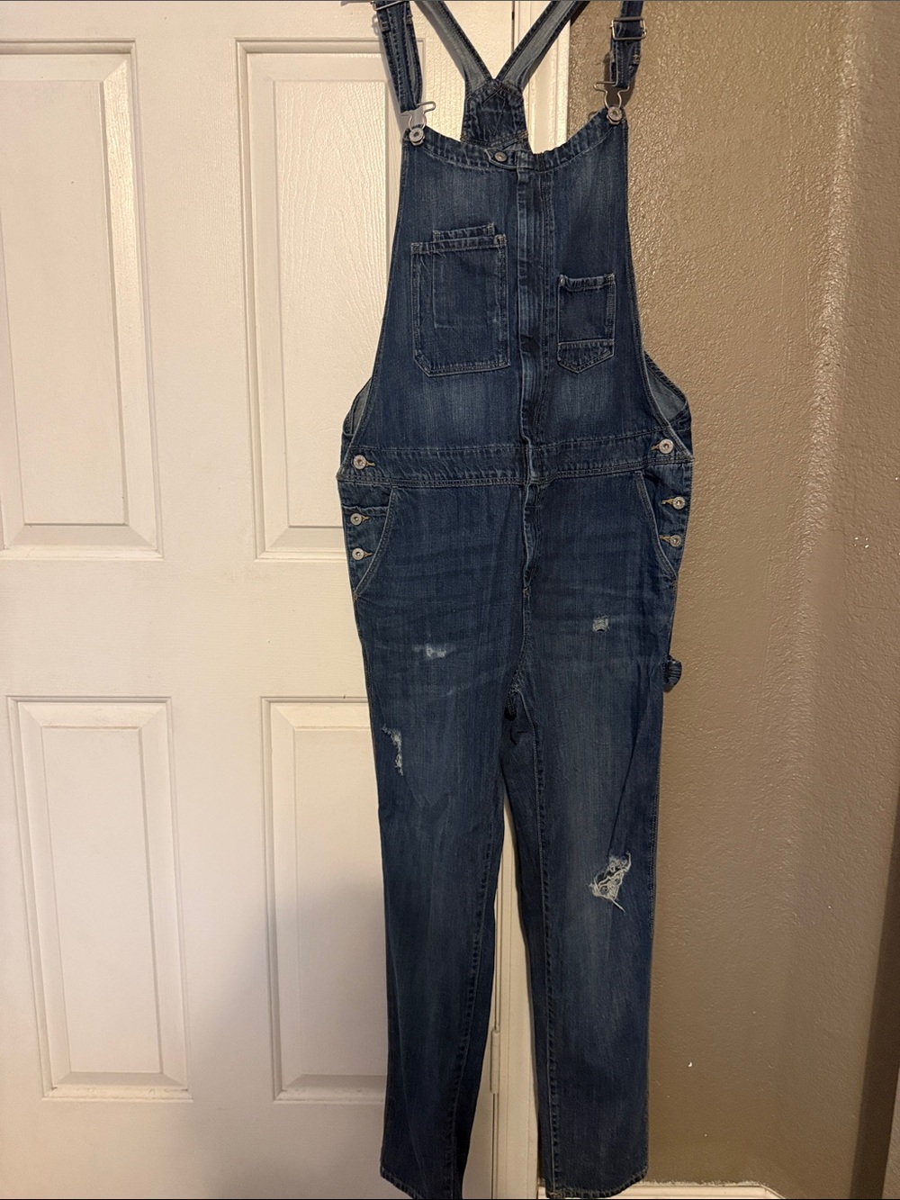 H&M Dark Blue Denim Overalls with Distressed Details